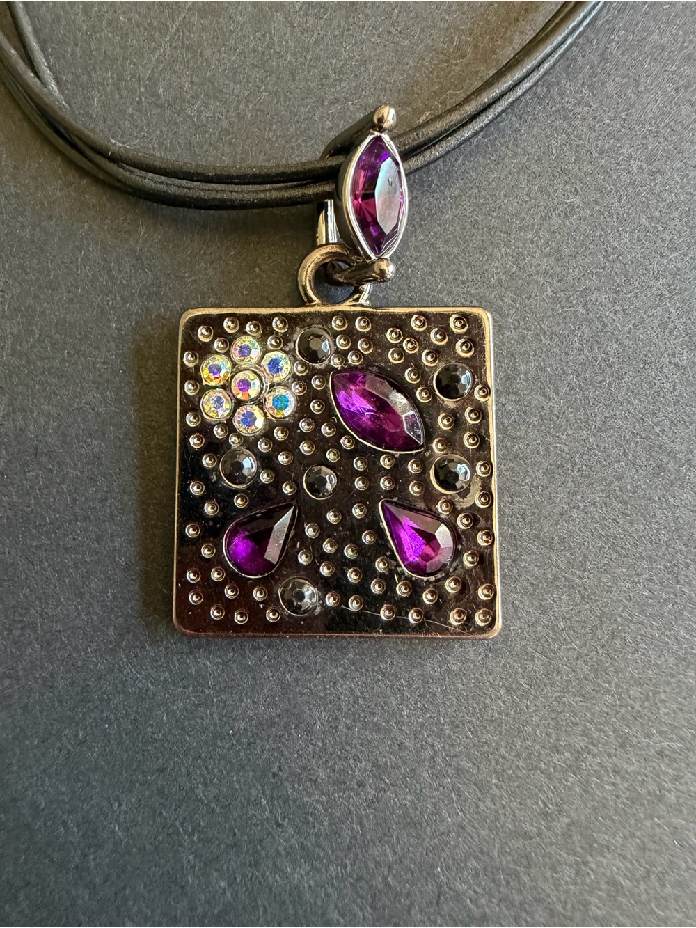 Vintage Lia Sophia Purple Crystal Square Pendant Necklace - Women Jewelry